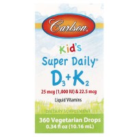 Carlson, Super Daily D3 + K2 для дітей, 25 мкг (1000 МО) та 22,5 мкг, 10,16 мл (0,34 рідк. унції)